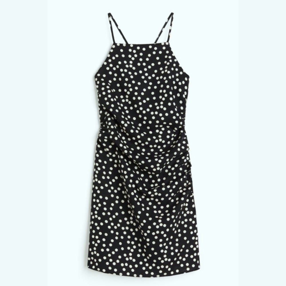 Polkadot draped dress with crisscross back and spaghetti straps